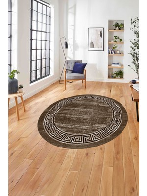 Napoli Home Çerçeveli Klasik Modern Yıkanabilir Kaymaz Yuvarlak Salon Halısı, Çerçeveli-Y-96-Kahve,