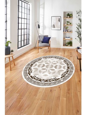 Napoli Home Çerçeveli Geleneksel Desen Yıkanabilir Kaymaz Yuvarlak Salon Halısı, ÇERÇEVELİ-Y-107-KAHVE,