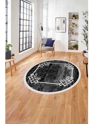 Napoli Home Çerçeveli Akrilik Desen Detaylı Yıkanabilir Kaymaz Yuvarlak Salon Halısı, ÇERÇEVELİ-Y-126-SİYAH,