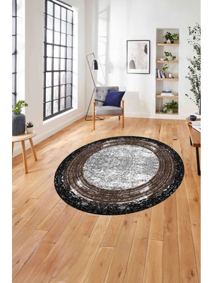 Napoli Home Çerçeveli Klasik Modern Yıkanabilir Kaymaz Yuvarlak Salon Halısı, ÇERÇEVELİ-Y-127-KAHVE,