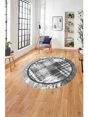 Napoli Home Çerçeveli Otantik Desen Yıkanabilir Kaymaz Yuvarlak Salon Halısı, ÇERÇEVELİ-Y-121-GRİ,
