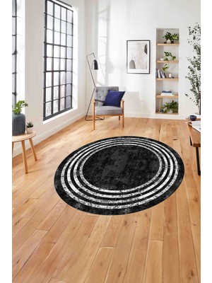 Napoli Home Çerçeveli Çizgi Detaylı Yıkanabilir Kaymaz Yuvarlak Salon Halısı, Çerçeveli-Y-57-Siyah,