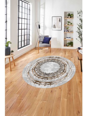 Napoli Home Çerçeveli Otantik Desen Yıkanabilir Kaymaz Yuvarlak Salon Halısı, Çerçeveli-Y-76-Kahve,
