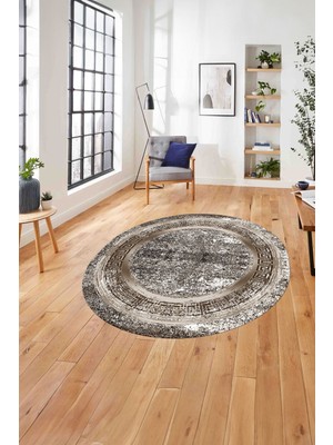 Napoli Home Çerçeveli Modern Sade Baskılı Yıkanabilir Kaymaz Yuvarlak Salon Halısı, ÇERÇEVELİ-Y-119-KAHVE,
