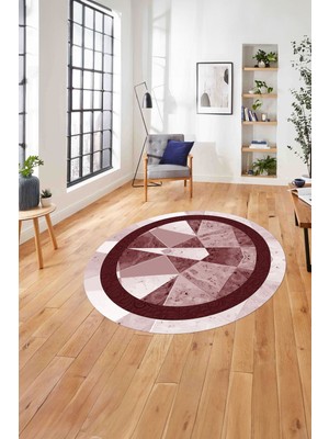 Napoli Home Çerçeveli Modern Mermer Detaylı Yıkanabilir Kaymaz Yuvarlak Salon Halısı, ÇERÇEVELİ-Y-123-BORDO,