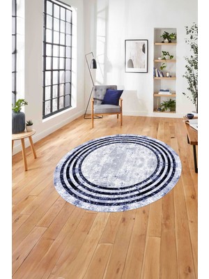 Napoli Home Çerçeveli Çizgi Detaylı Yıkanabilir Kaymaz Yuvarlak Salon Halısı, Çerçeveli-Y-57-Lacivert,