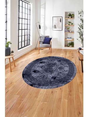 Napoli Home Çerçeveli Gül Detaylı Yıkanabilir Kaymaz Yuvarlak Salon Halısı, ÇERÇEVELİ-Y-108-LACİVERT,