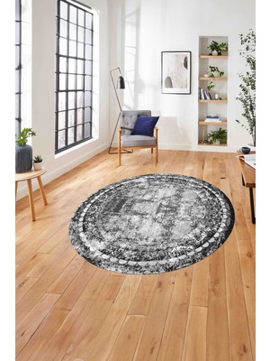 Napoli Home Çerçeveli Dekoratif Baskılı Yıkanabilir Kaymaz Yuvarlak Salon Halısı, Çerçeveli-Y-89-Gri,