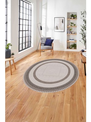 Napoli Home Çerçeveli Vektörel Klasik Model Yıkanabilir Kaymaz Yuvarlak Salon Halısı, Çerçeveli-Y-93-Vizon,