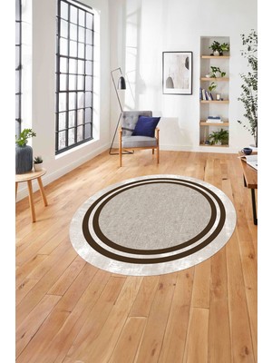 Napoli Home Çerçeveli Kenar Çizgili Model Yıkanabilir Kaymaz Yuvarlak Salon Halısı, Çerçeveli-Y-55-Kahve,