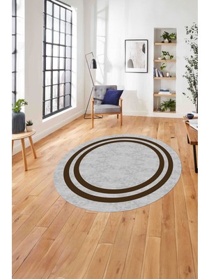 Napoli Home Çerçeveli Kenar Çizgi Desenli Yıkanabilir Kaymaz Yuvarlak Salon Halısı, Çerçeveli-Y-56-Kahve,