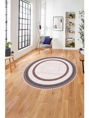 Napoli Home Çerçeveli Vektörel Klasik Model Yıkanabilir Kaymaz Yuvarlak Salon Halısı, Çerçeveli-Y-93-Bordo,