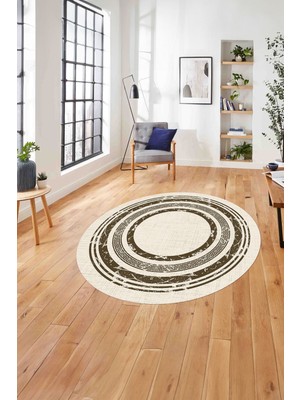 Napoli Home Çerçeveli Klasik Dekoratif Baskılı Yıkanabilir Kaymaz Yuvarlak Salon Halısı,çerçeveli-Y-81-Kahve,