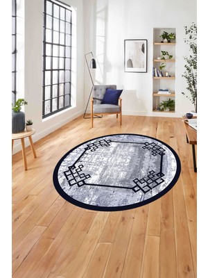 Napoli Home Çerçeveli Akrilik Desen Detay Yıkanabilir Kaymaz Yuvarlak Salon Halısı, ÇERÇEVELİ-Y-126-LACİVERT,