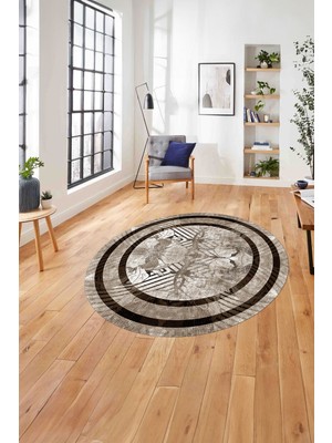 Napoli Home Çerçeveli Çiçek Motifli Yıkanabilir Kaymaz Yuvarlak Salon Halısı, ÇERÇEVELİ-Y-122-KAHVE,