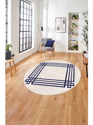 Napoli Home Çerçeveli Geometrik Motifli Yıkanabilir Kaymaz Yuvarlak Salon Halısı, Çerçeveli-Y-67-Lacivert,