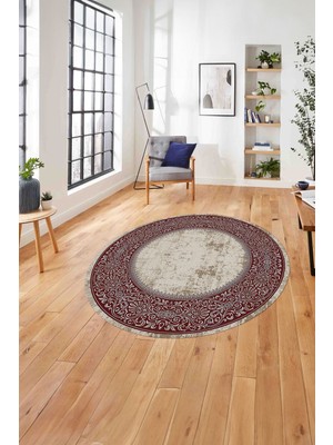 Napoli Home Çerçeveli Klasik Modern Model Yıkanabilir Kaymaz Yuvarlak Salon Halısı, ÇERÇEVELİ-Y-128-KIRMIZI,