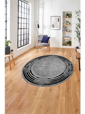 Napoli Home Çerçeveli Çizgi Detaylı Baskılı Yıkanabilir Kaymaz Yuvarlak Salon Halısı,çerçeveli-Y-87-Antrasit,