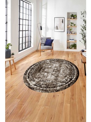 Napoli Home Çerçeveli Dekoratif Baskılı Yıkanabilir Kaymaz Yuvarlak Salon Halısı, Çerçeveli-Y-89-Kahve,