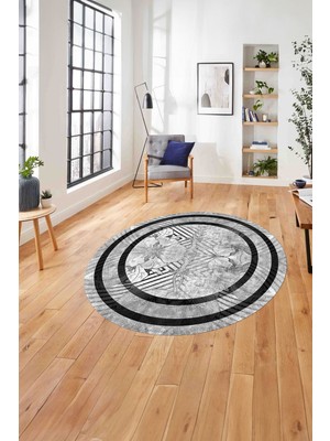 Napoli Home Çerçeveli Çiçek Motifli Yıkanabilir Kaymaz Yuvarlak Salon Halısı, ÇERÇEVELİ-Y-122-GRİ,