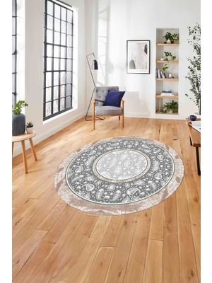 Napoli Home Çerçeveli Desen Motifli Yıkanabilir Kaymaz Yuvarlak Salon Halısı, Çerçeveli-Y-86-Gri,