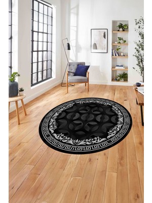 Napoli Home Çerçeveli Geleneksel Desen Yıkanabilir Kaymaz Yuvarlak Salon Halısı, ÇERÇEVELİ-Y-107-SİYAH,