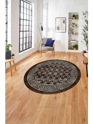 Napoli Home Çerçeveli Dörtgen Detaylı Yıkanabilir Kaymaz Yuvarlak Salon Halısı, Çerçeveli-Y-97-Kahve,
