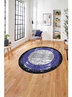 Napoli Home Çerçeveli Klasik Modern Yıkanabilir Kaymaz Yuvarlak Salon Halısı, ÇERÇEVELİ-Y-127-MAVİ,