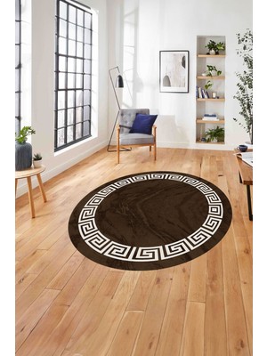 Napoli Home Çerçeveli Vektörel Çizgili Yıkanabilir Kaymaz Yuvarlak Salon Halısı, Çerçeveli-Y-94-Kahve,