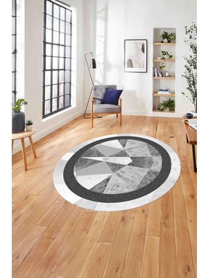 Napoli Home Çerçeveli Modern Mermer Detaylı Yıkanabilir Kaymaz Yuvarlak Salon Halısı, ÇERÇEVELİ-Y-123-GRİ,