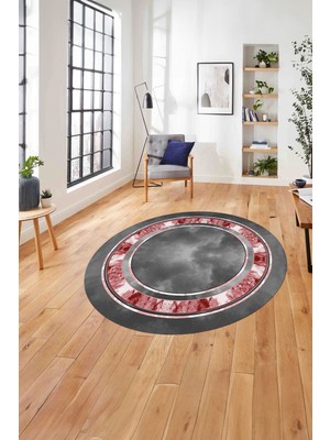Napoli Home Çerçeveli Modern Baskılı Yıkanabilir Kaymaz Yuvarlak Salon Halısı, ÇERÇEVELİ-Y-117-KIRMIZI,