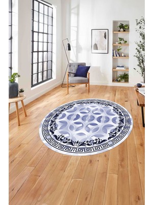 Napoli Home Çerçeveli Geleneksel Desen Yıkanabilir Kaymaz Yuvarlak Salon Halısı, ÇERÇEVELİ-Y-107-LACİVERT,