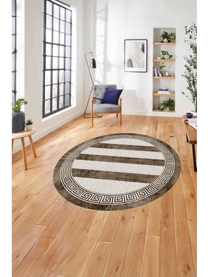 Napoli Home Çerçeveli Düz Çizgi Detaylı Yıkanabilir Kaymaz Yuvarlak Salon Halısı, ÇERÇEVELİ-Y-113-KAHVE,