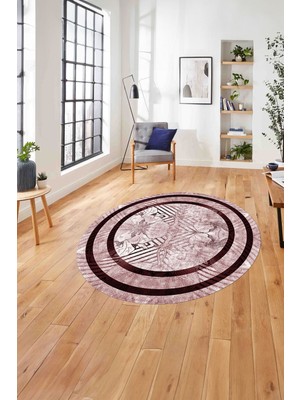 Napoli Home Çerçeveli Çiçek Motifli Yıkanabilir Kaymaz Yuvarlak Salon Halısı, ÇERÇEVELİ-Y-122-BORDO,