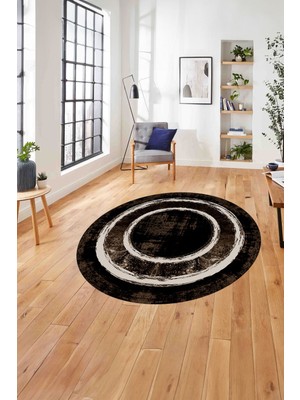 Napoli Home Çerçeveli Klasik Modern Baskılı Yıkanabilir Kaymaz Yuvarlak Salon Halısı, ÇERÇEVELİ-Y-130-KAHVE,