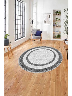Napoli Home Çerçeveli Vektörel Klasik Model Yıkanabilir Kaymaz Yuvarlak Salon Halısı, Çerçeveli-Y-93-Gri,