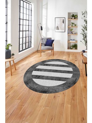 Napoli Home Çerçeveli Düz Çizgi Detaylı Yıkanabilir Kaymaz Yuvarlak Salon Halısı, ÇERÇEVELİ-Y-113-GRİ,