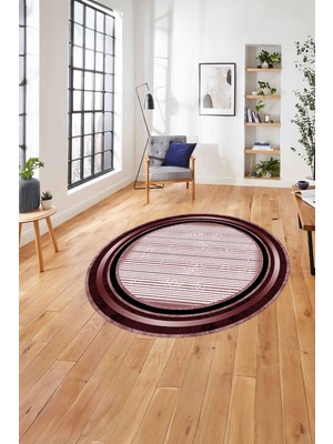 Napoli Home Çerçeveli Modern Çizgi Desenli Yıkanabilir Kaymaz Yuvarlak Salon Halısı, ÇERÇEVELİ-Y-120-BORDO,