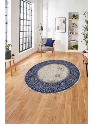 Napoli Home Çerçeveli Klasik Modern Model Yıkanabilir Kaymaz Yuvarlak Salon Halısı, ÇERÇEVELİ-Y-128-MAVİ,