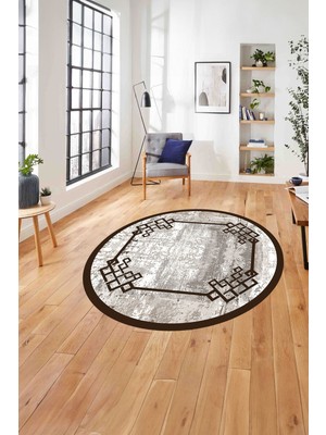 Napoli Home Çerçeveli Akrilik Desen Detaylı Yıkanabilir Kaymaz Yuvarlak Salon Halısı, ÇERÇEVELİ-Y-126-KAHVE,