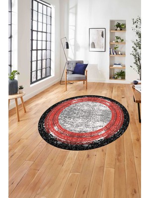 Napoli Home Çerçeveli Klasik Modern Yıkanabilir Kaymaz Yuvarlak Salon Halısı, ÇERÇEVELİ-Y-127-KIRMIZI,