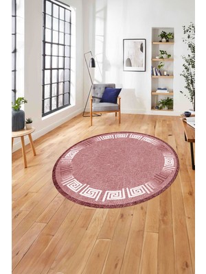 Napoli Home Çerçeveli Vektörel Mermer Desenli Yıkanabilir Kaymaz Yuvarlak Salon Halısı, Çerçeveli-Y-95-Pembe,