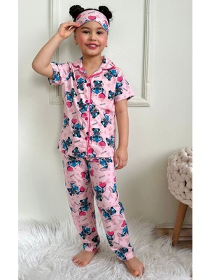 Pjkö Stitch Desenli Pembe Kısa Kollu Önden Düğmeli Kız Çocuk Pijama Takımı 4-12 Yaş 719K