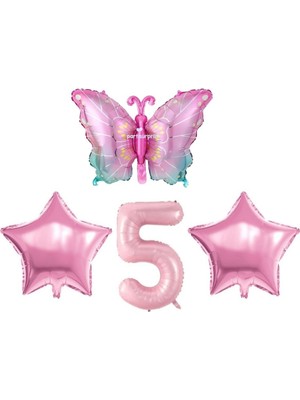 Parti Sürprizi Pembe Kelebekli 5 Yaş Folyo Balon Set
