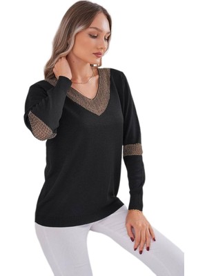 Lavella Kadın V Yaka Simli Kol Detaylı Kazak 12787 BGL-ST04108