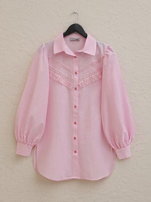 Güpür Püsküllü Ham Keten Balon Kol Gömlek