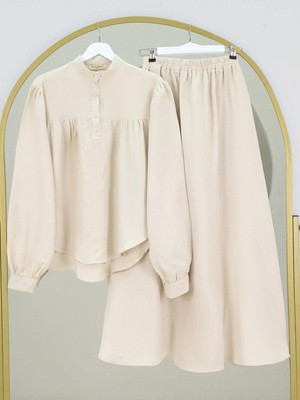 Mac Moda Oval Kesim Dik Yaka Bluz Etek Müslin Takım