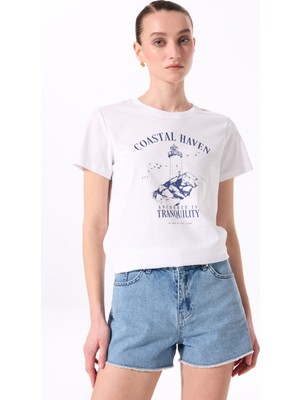 Fabrika Bisiklet Yaka Baskılı Beyaz Kadın T-Shirt F5SL-TST0444