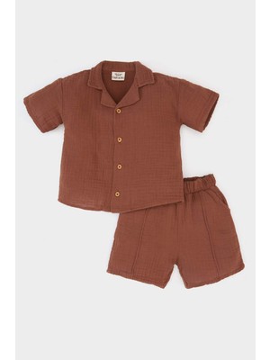 DeFacto 2'li Takım Müslin Kısa Kollu Gömlek Beli Lastikli Şort Erkek Bebek C3438A525SM