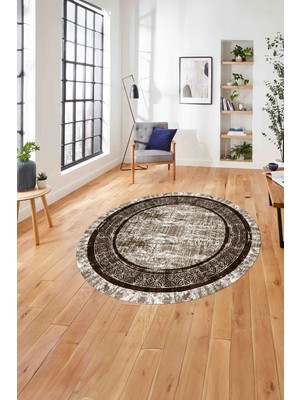 Napoli Home Çerçeveli Otantik Desen Detaylı Yıkanabilir Kaymaz Yuvarlak Salon Halısı, ÇERÇEVELİ-Y-115-KAHVE,